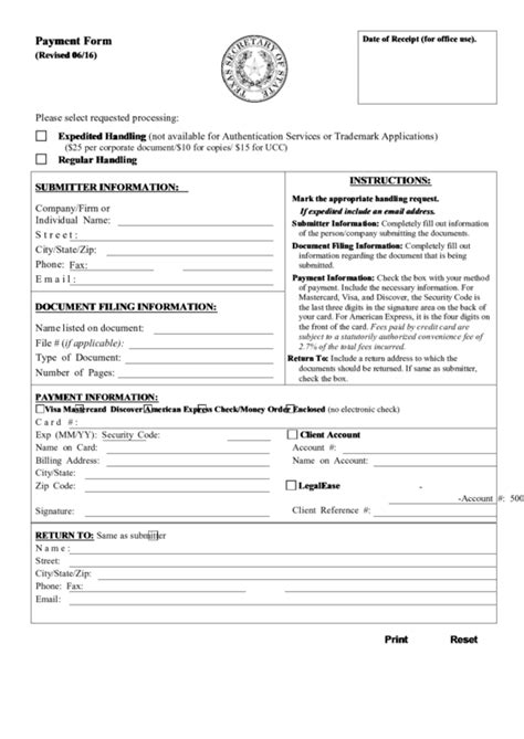 Fillable Payment Form (Fillable) - Texas Secretary Of State printable pdf download