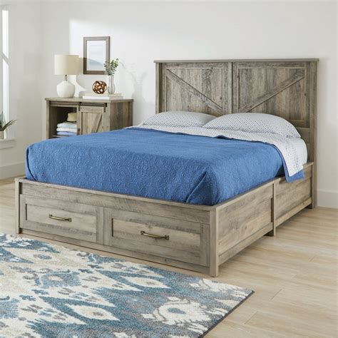 Better Homes & Gardens Modern Farmhouse Queen Platform Bed with Headboard and Storage, Rustic ...