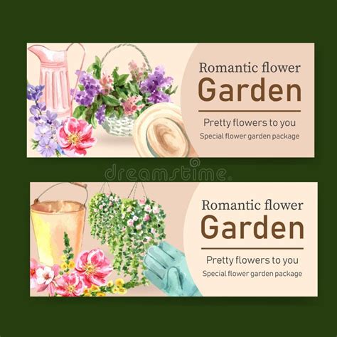 Flower Garden Banner Design with Flower Basket, Hat, Glove Watercolor ...