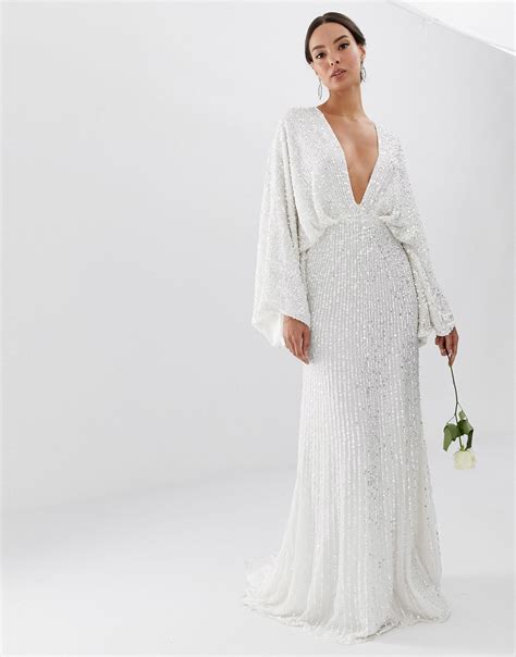 ASOS Ciara Sequin Kimono Sleeve Wedding Dress in White | Lyst