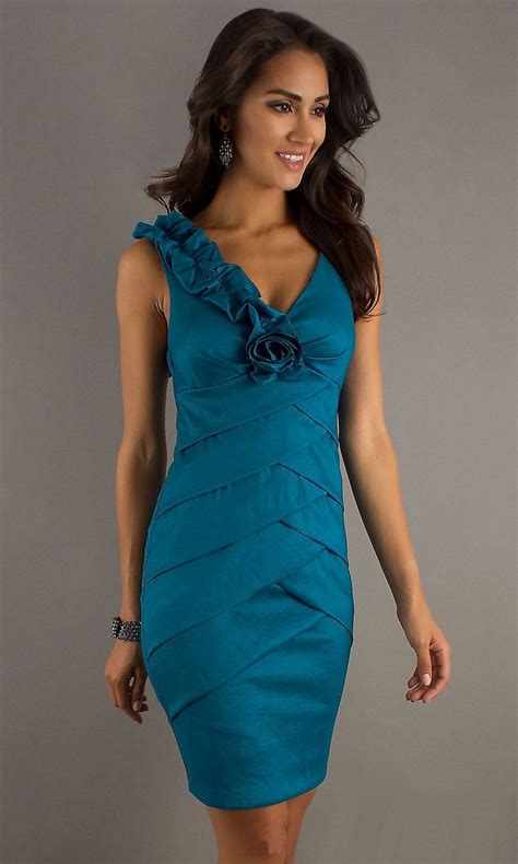 Teal Blue Short Cocktail Dress Wide Straps V-Neck Layered Flowers ...