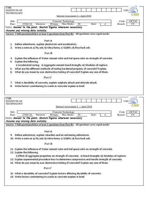 Concrete Technology Internal Assessment: Admixtures, Strength Factors ...