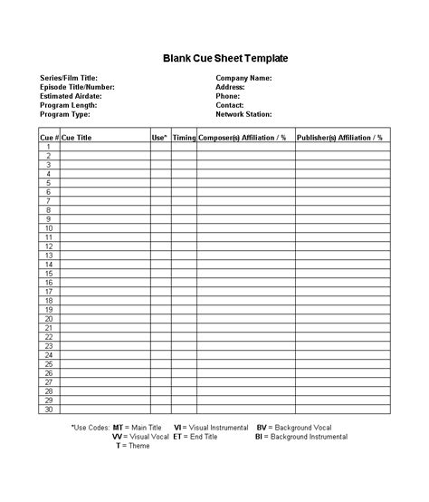 Free Excel Blank Cue Sheet Template