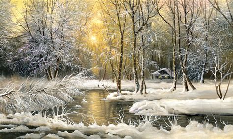 Download Sunset Sun Snow Tree River Forest Winter Artistic Painting HD ...