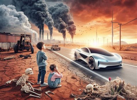 Premium AI Image | happy kids play dystopian scene rusty cars animal bones smoking factories ...