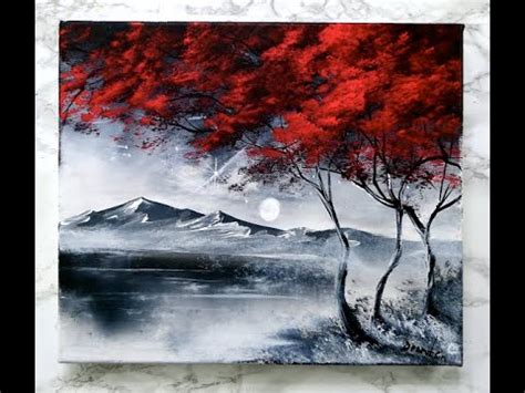 Painting Black and White Abstract Landscape Painting with a Vibrant Red ...