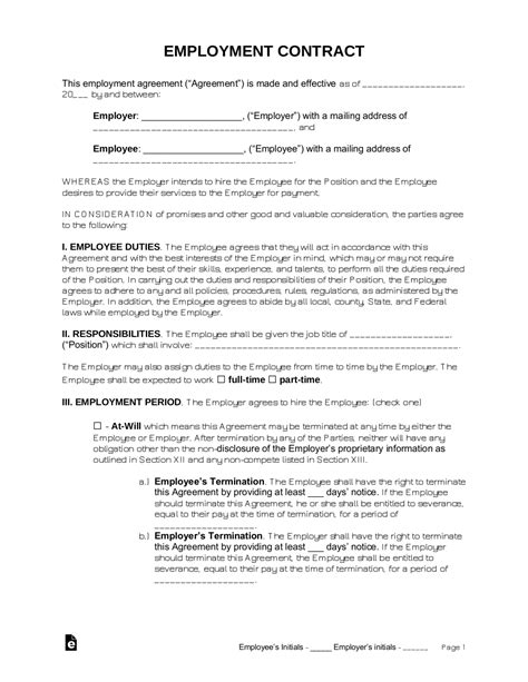 Free Employment Contract Template Word