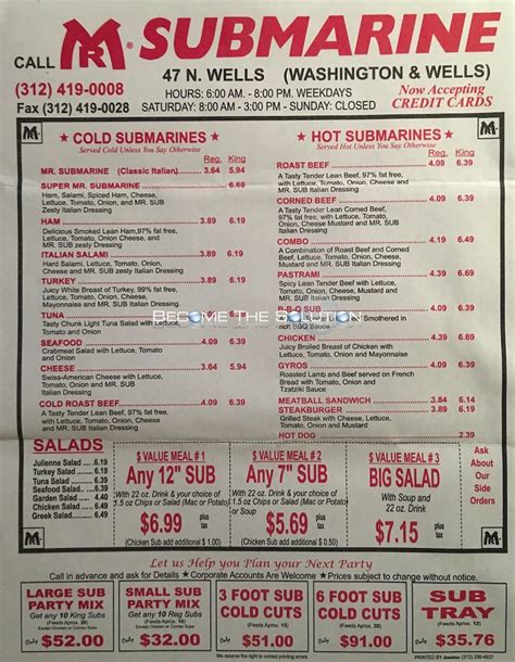 Mr Submarine Carry Out Menu Chicago (Scanned Menu With Prices)