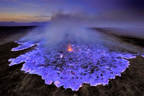 Indonesia's Kawah Ijen volcano has such a high sulfur content that when it emerges with lava ...