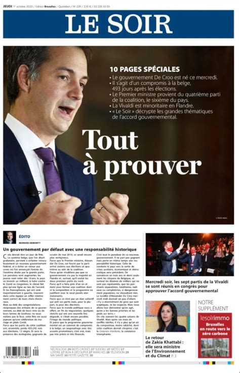 Journal Le Soir (Belgique). Les Unes des journaux de Belgique. Toute la presse d'aujourd'hui ...