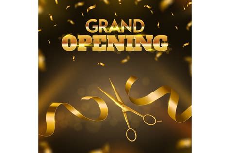 Grand opening ribbon cutting ceremony. Golden scissors cut r