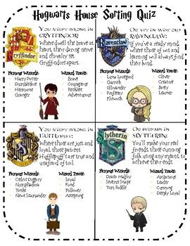 Hogwarts House Sorting Quiz- Harry Potter by Lindsey Bowers | TPT