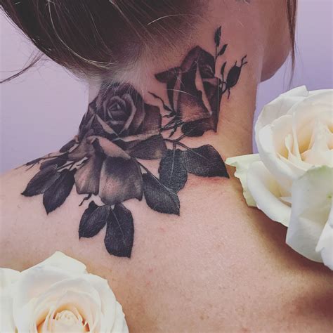 Rose neck tattoo black and grey by @malikarose | Rose neck tattoo, Neck tattoo cover up, Neck tattoo