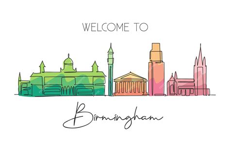 Premium Vector | One continuous line drawing of birmingham city skyline ...