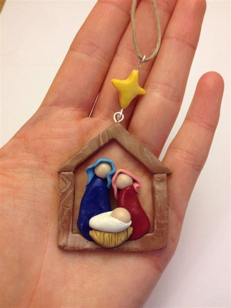 Nativity Scene Ornament, Christmas Decoration, Polymer Clay, Faux Wood, Multi Colored ...