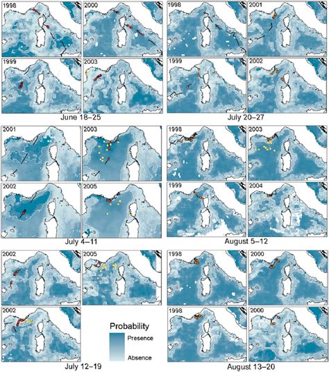 Predicted probability surfaces of fin whale presence for several weeks... | Download Scientific ...