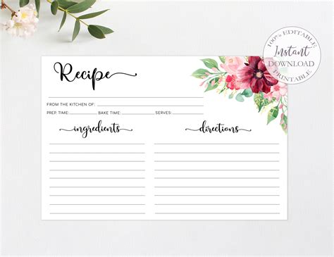 Floral Recipe Cards Printable Recipe Card Template Recipe - Etsy