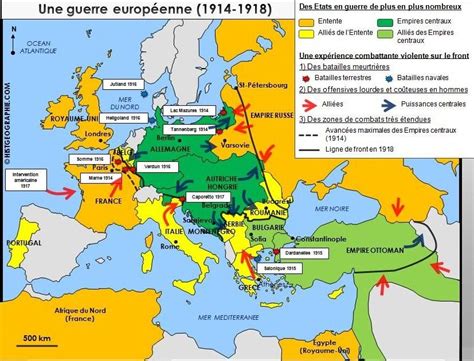 Carte des zones de front en Europe pendant la Première Guerre mondiale (1914-1918). Source ...