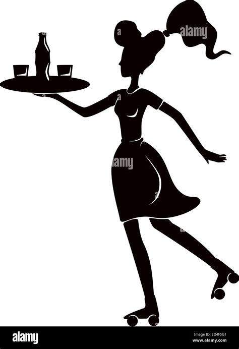 Roller waitress holding tray in hands black silhouette vector illustration Stock Vector Image ...