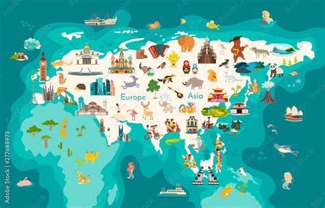 Eurasia continent, world map with landmarks vector cartoon illustration ...