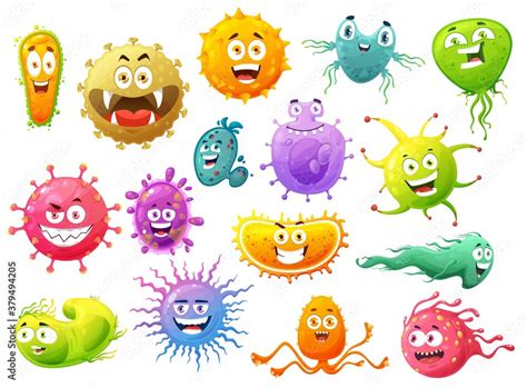 Stockvektorbilden Cartoon virus characters of vector bacteria and germ ...