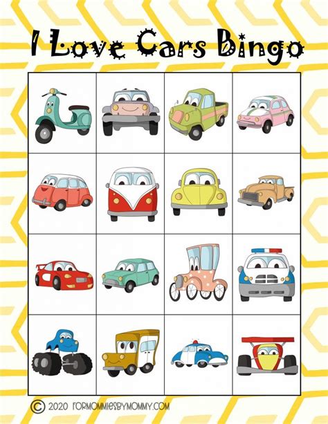 Free Printable I Love Cars Bingo Game For Kids