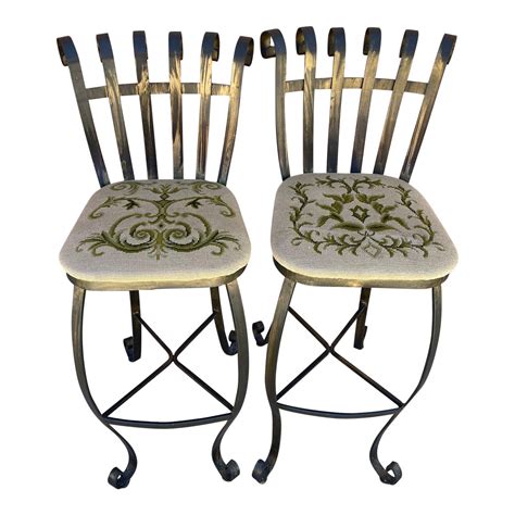 Vintage Wrought Iron Bar Stools W/Needlepoint Cushions - a Pair | Chairish