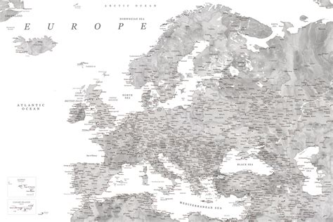 Mapa Detailed map of Europe in gray watercolor, Blursbyai ǀ Wiele plakatów z mapami świata i ...