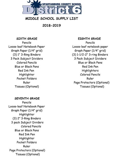 School Supply Lists | Fairforest Middle