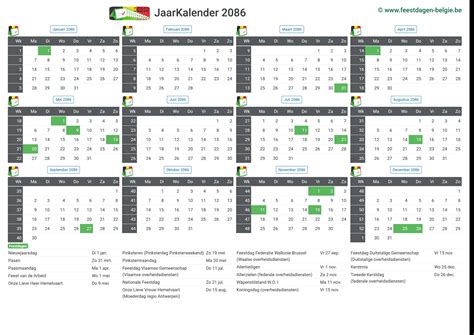 Kalender 2086 Jaarkalender | België verlengde weekends feestdagen ...