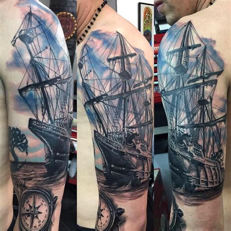 Ship and Compass Tattoo On Left Half Sleeve For Men by Luis K. Osorio ...