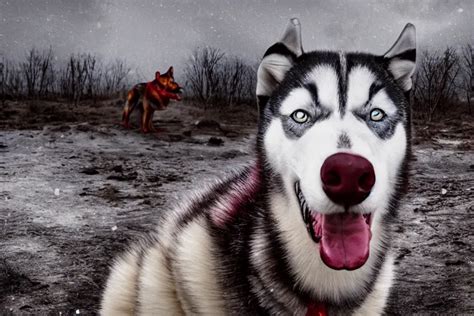 KREA - a scenic photograph of a red - eyes and very scary! husky with ...