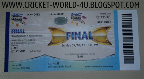 NOKIA CHAMPIONS LEAGUE T20 2011 FINALS TICKET-MCC TERRACE, CHEPAUK STADIUM