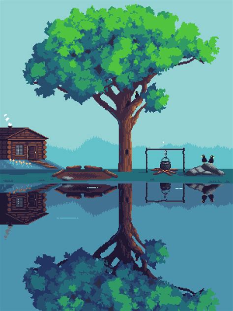 the pixel art shows a tree and some houses in the water, with one ...