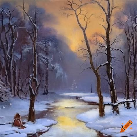 Winter landscape oil painting on textured canvas on Craiyon