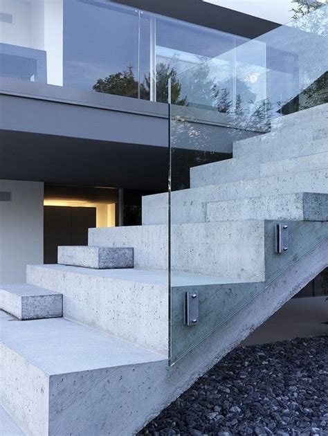 Outdoor concrete stairs, glass railing. | Stair railing design ...