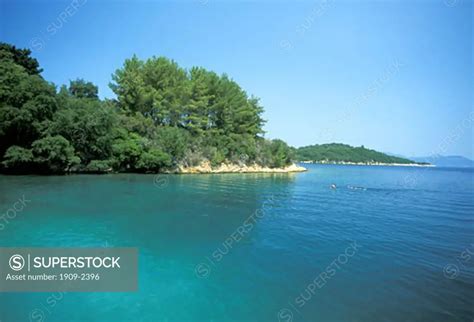 Greek Islands snorkelling off Skorpios Island Ionian sea Greece Europe ...