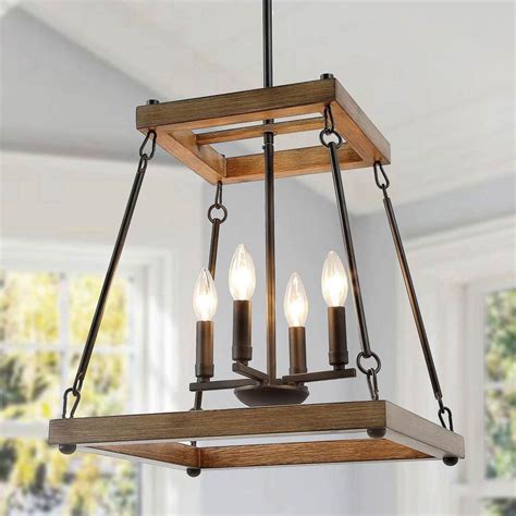 LALUZ Modern Farmhouse Cage Pendant Light 4-Light Natural Black Lantern ...