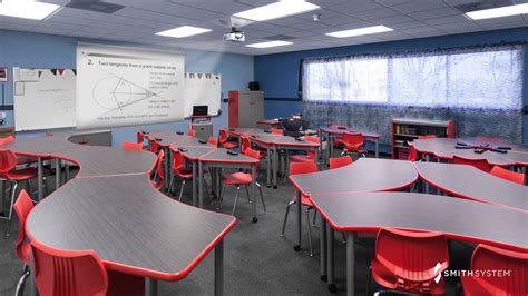 Classroom with UXL Crescent Desks, Flavors Seating, Interchange Wing Desks, Interchange Diamo ...