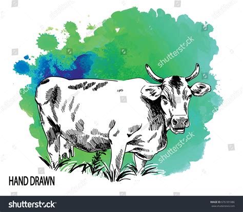 Cow Grass Field Drawing By Hand Stock Vector (Royalty Free) 676181086 ...