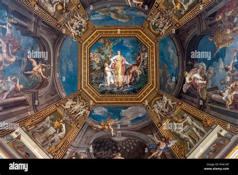 The painted ceiling in the Hall of the Muses inside Vatican Museum, UNESCO World Heritage Site ...