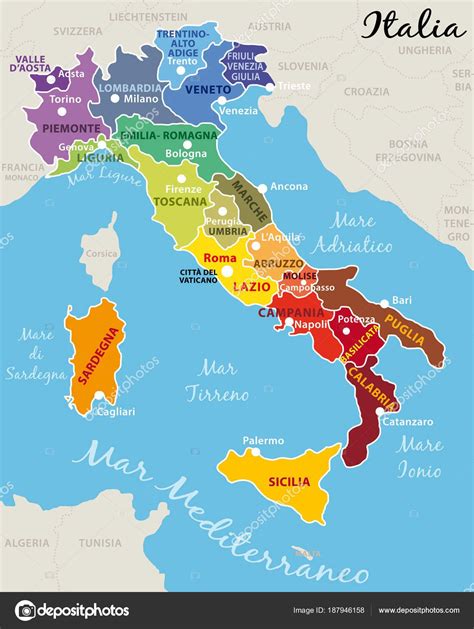 Beautiful Colorful Map Italy Italian Regions Capitals Important Cities | Images and Photos finder