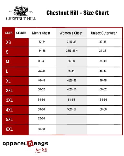 Chestnut Hill - Size Chart - ApparelnBags.com