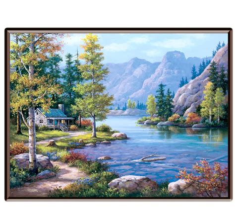 Framed Mountain Lake Scenery Oil Painting By Numbers Wall Art Canvas ...