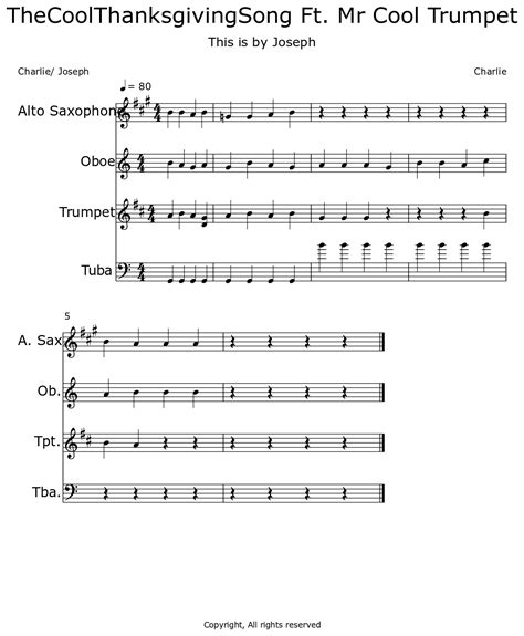 TheCoolThanksgivingSong Ft. Mr Cool Trumpet - Sheet music for Alto Saxophone, Oboe, Trumpet, Tuba