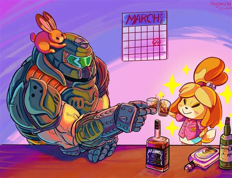 doomguy and isabelle enjoying a drink | Doomguy and Isabelle | Know Your Meme