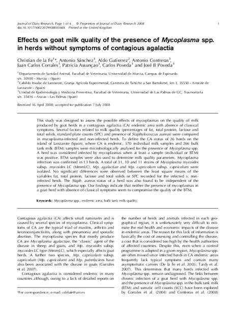 (PDF) Effects on goat milk quality of the presence of Mycoplasma spp. in herds without symptoms ...