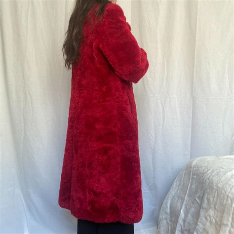 LONG RED FAUX FUR COAT In great condition! Super... - Depop