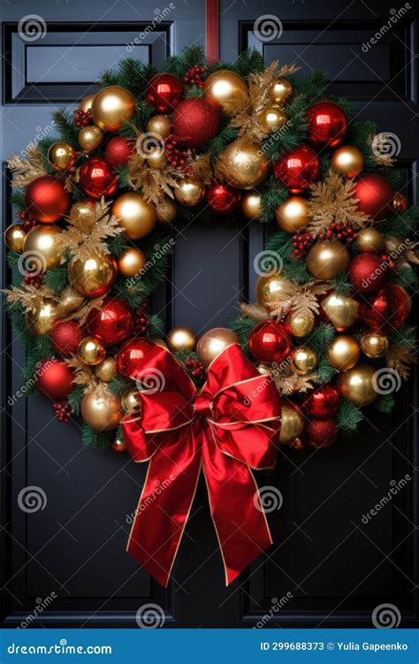 An Elegant Shot of a Red and Gold Christmas Wreath Stock Image - Image of green, tradition ...