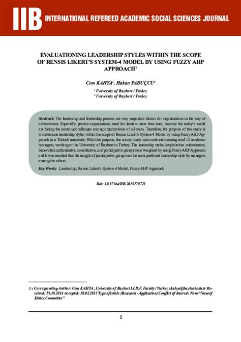 (PDF) Evaluationing Leadership Styles Within the Scope of Rensis Likert ...